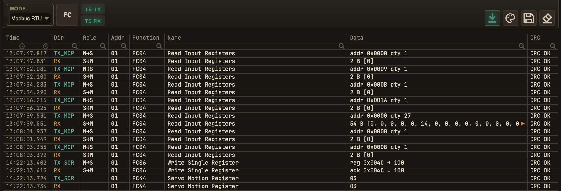 Terminal in Modbus RTU mode
